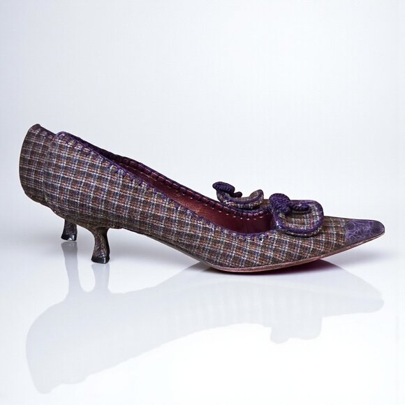 Charming Vintage PRADA Kitten Heel Purple Tweed Bow Heels 37.5 90's Y2K - Picture 1 of 3